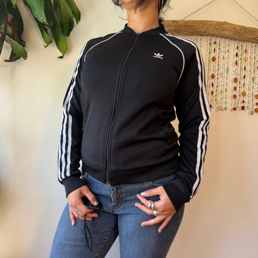 Adidas Originals Women Black White 3 Stripe Track Jacket Trefoil Small blokette